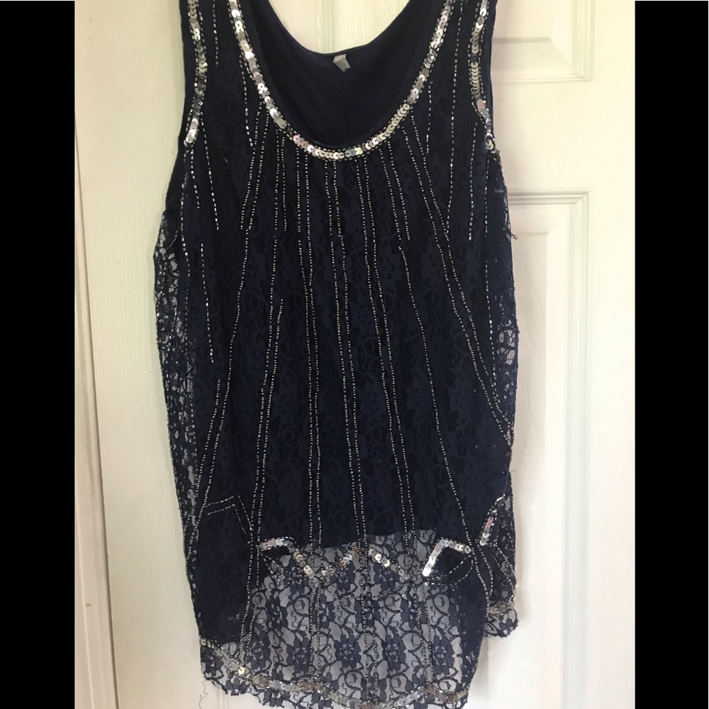 Vanity sz Xl navy lace and beaded tank
